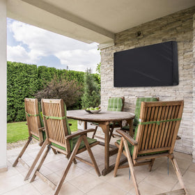 Luv4babe outdoor TV cover demonstrates all-weather protection in outdoor setting