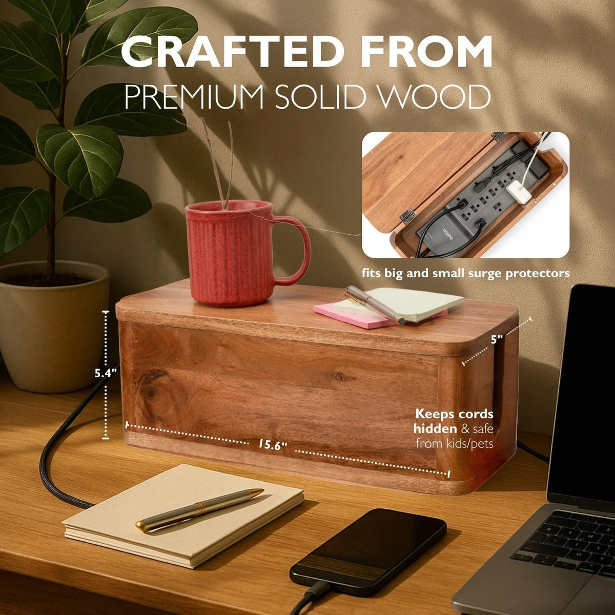 Luxe Designs open lid showing interior with organized power strip