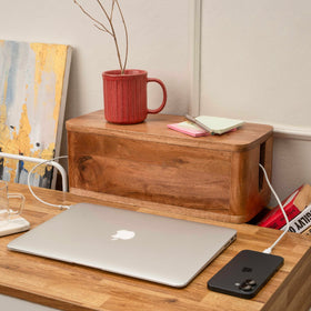 Luxe Designs power strip installed inside for tidy cord management