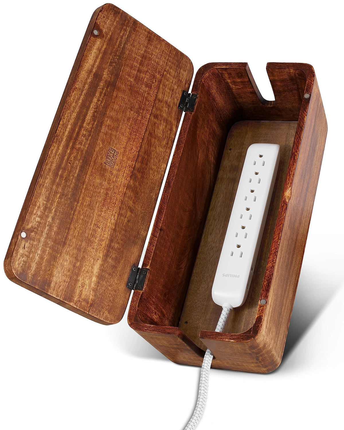 Luxe Designs front view of wooden cable box hides cords and improves decor