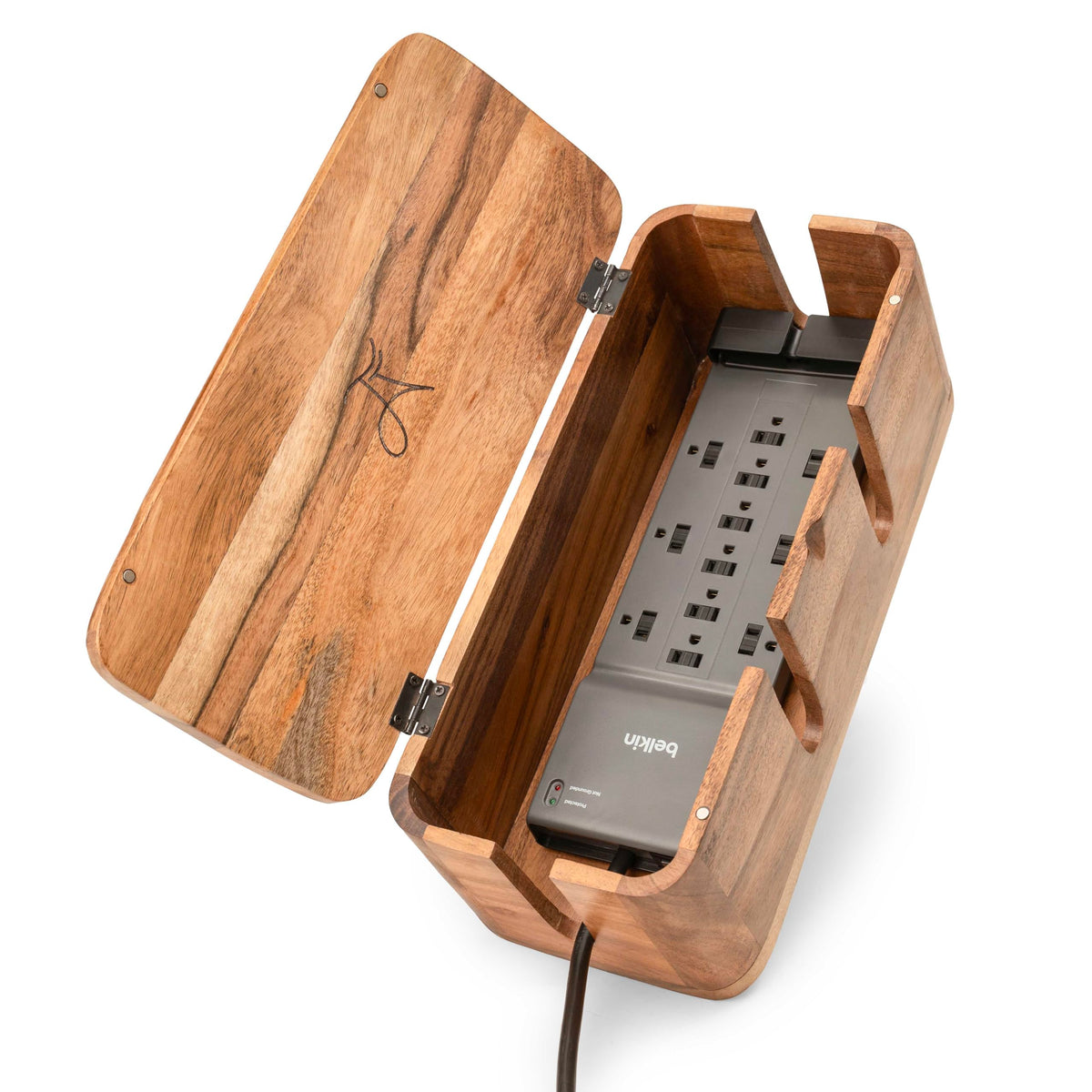 Luxe Designs front view showing natural acacia cable box and tidy cords