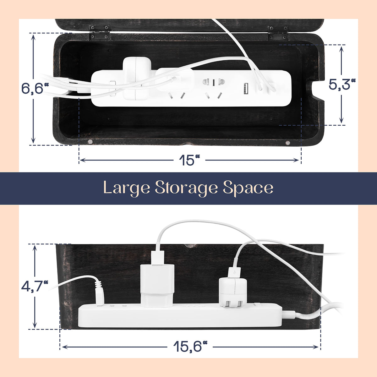 Luxe Designs inside view with power strip organizes multiple plugs