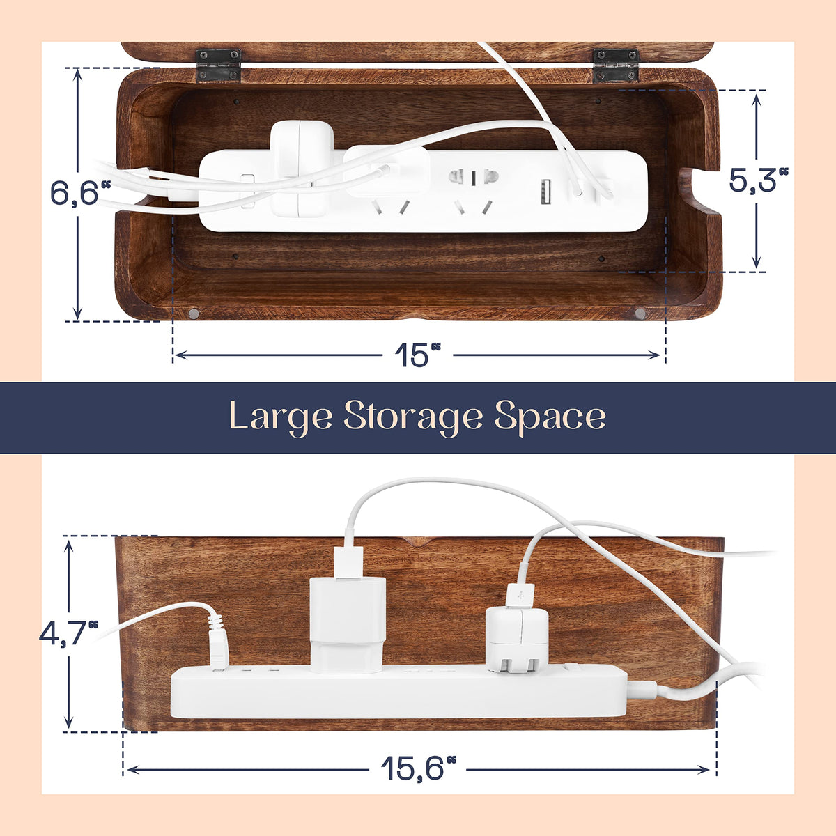 Luxe Designs open lid shows power strip storage and easy cable access