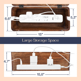 Luxe Designs open lid shows power strip storage and easy cable access