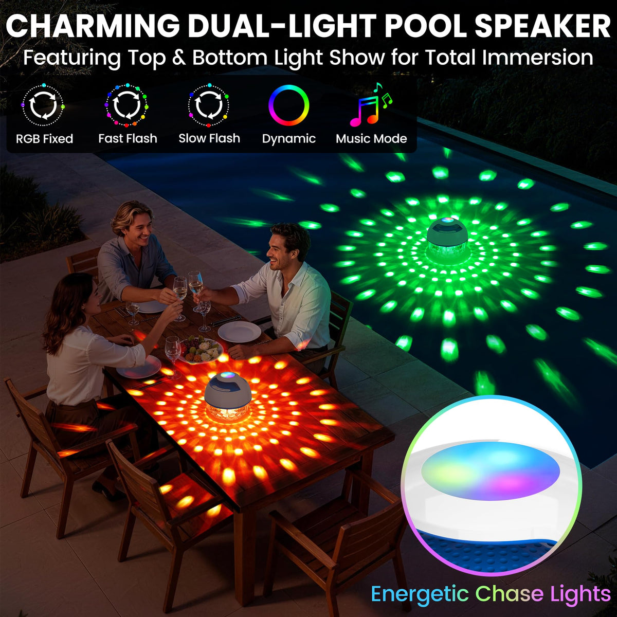 Luxfero pool speaker bottom light adds subtle glow for nighttime hot tub relaxation.