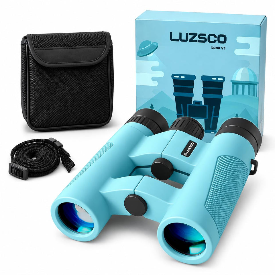 Luzsco front view showing compact blue binoculars and benefits for clear viewing