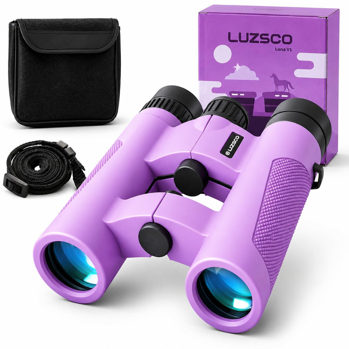 Luzsco front view purple binoculars showing compact design and portability