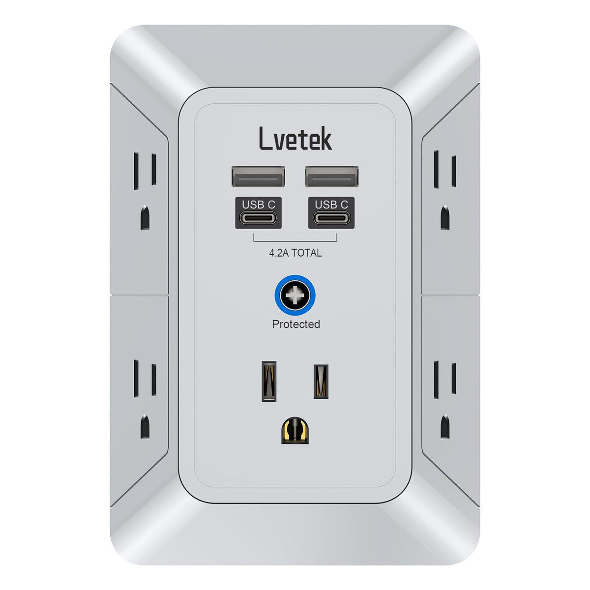 Lvetek multi-plug outlet extender in grey adds 5 outlets and 4 USB ports for clutter-free charging.