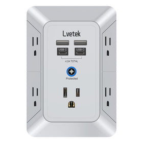 Lvetek multi-plug outlet extender in grey adds 5 outlets and 4 USB ports for clutter-free charging.