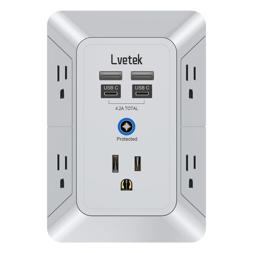 Lvetek multi-plug outlet extender in grey adds 5 outlets and 4 USB ports for clutter-free charging.