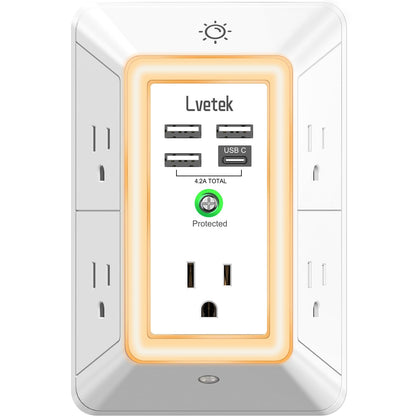 Lvetek multi plug outlet with night light, ideal for bedside charging.
