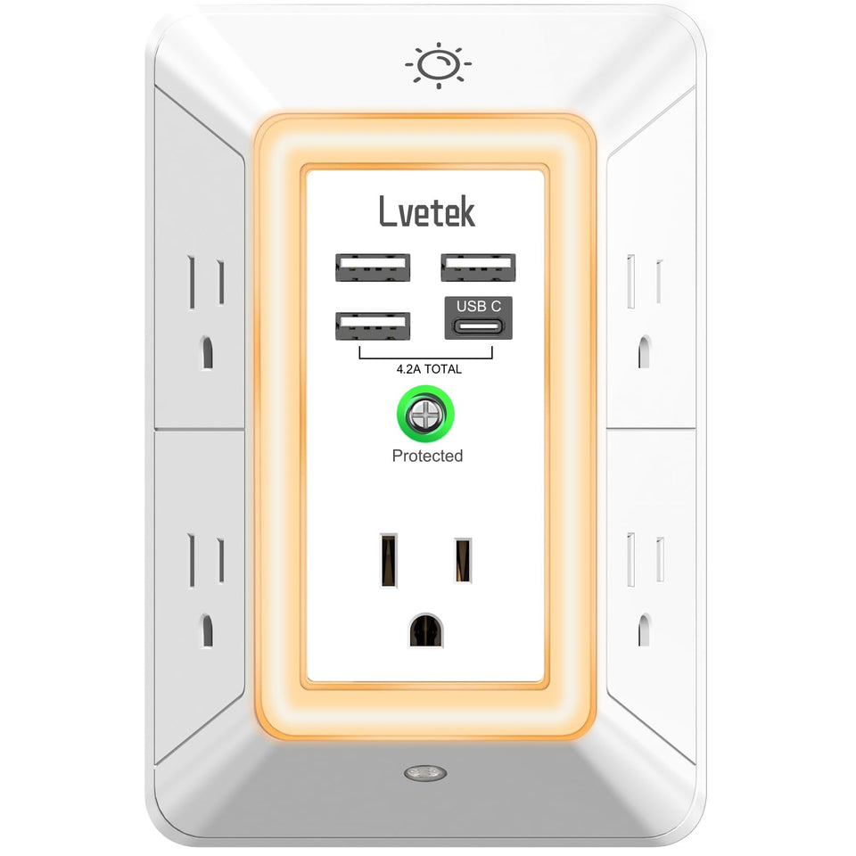 Lvetek multi plug outlet with night light, ideal for bedside charging.