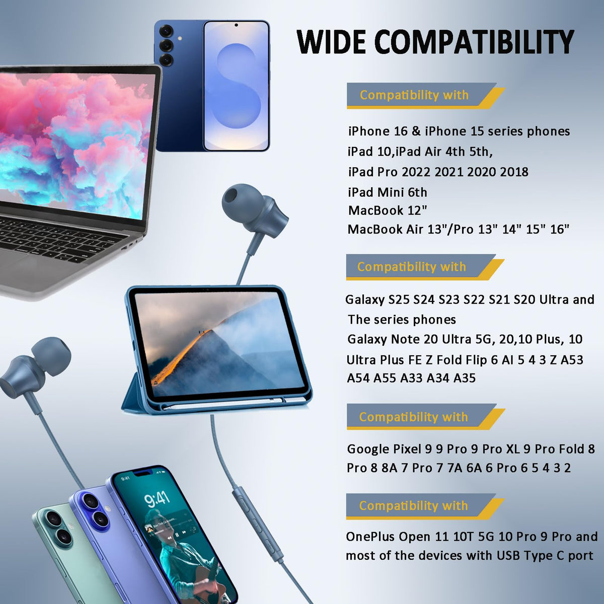 Lvwacun USB-C compatibility with iPhone, Android, laptops, and tablets.