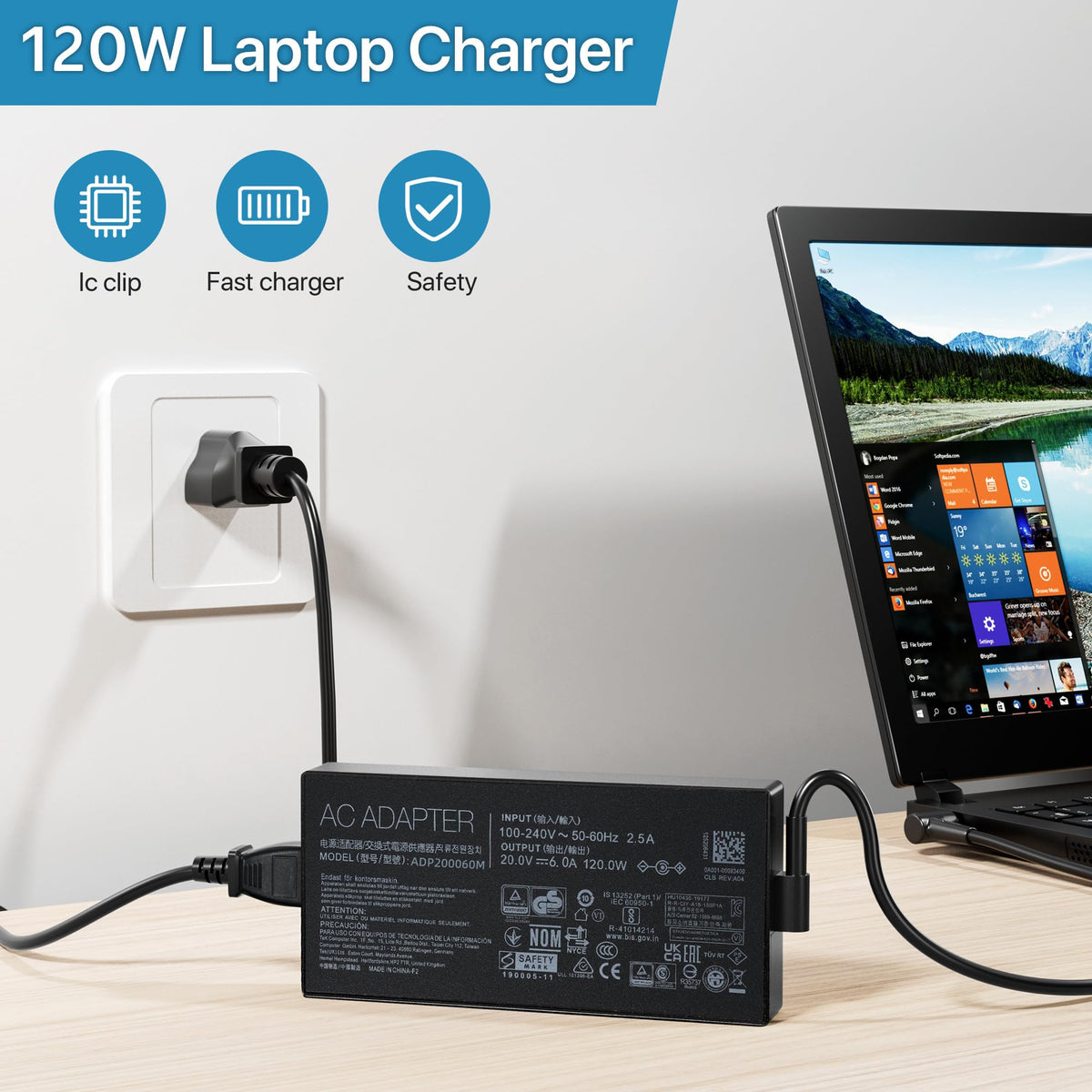 LVYATUO compact adapter next to a laptop for scale, easy to carry on trips