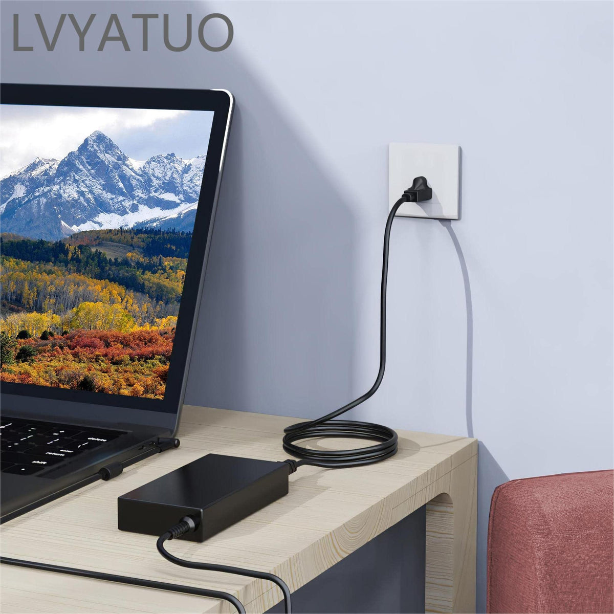 LVYATUO adapter label showing 19.5V 7.7A specs and safety protections