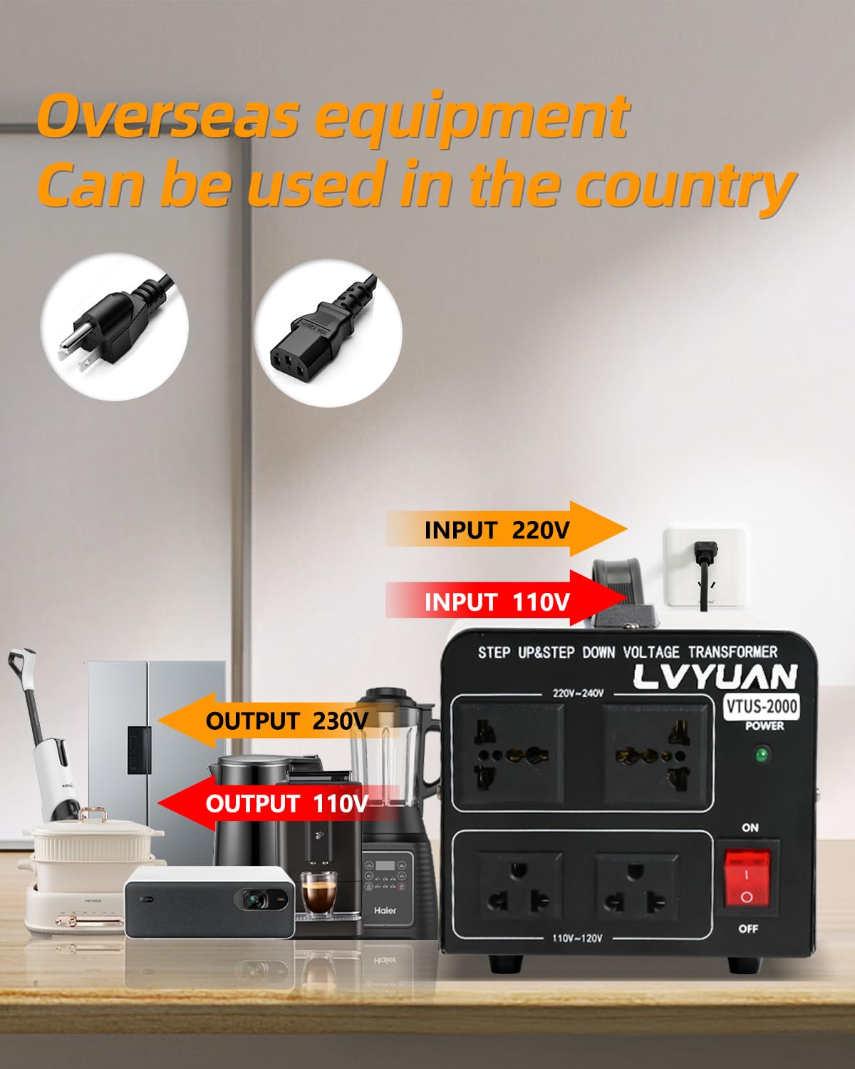 LVYUAN 2000W voltage transformer outlets detail featuring USA and universal sockets