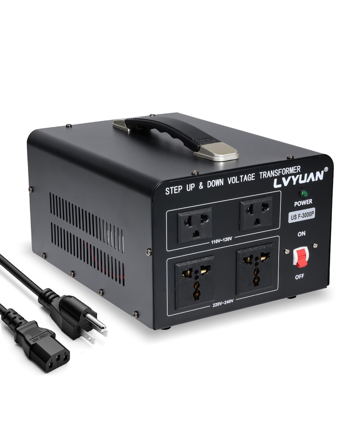 LVYUAN 3000W transformer front view with dual outlets for versatile use