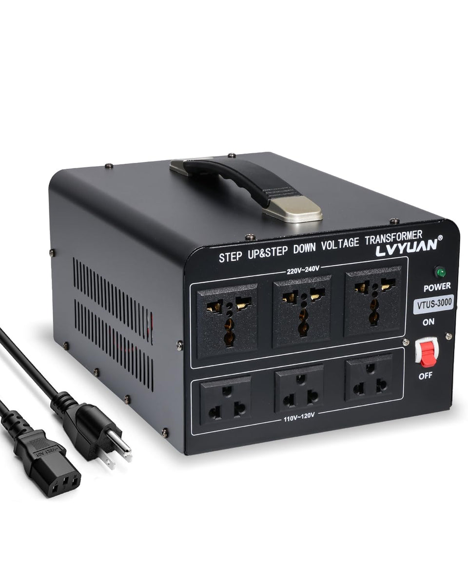 LVYUAN 3000W voltage transformer front view with dual sockets for global device use