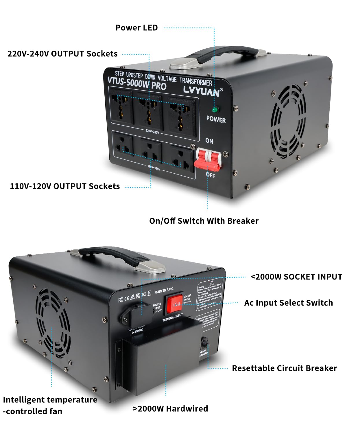 LVYUAN 5000W metal casing side with durable housing for safety.