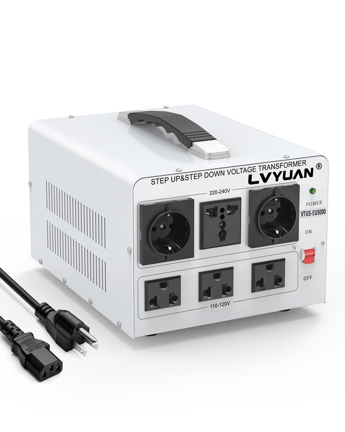LVYUAN 5000W transformer front view with outlets for global use