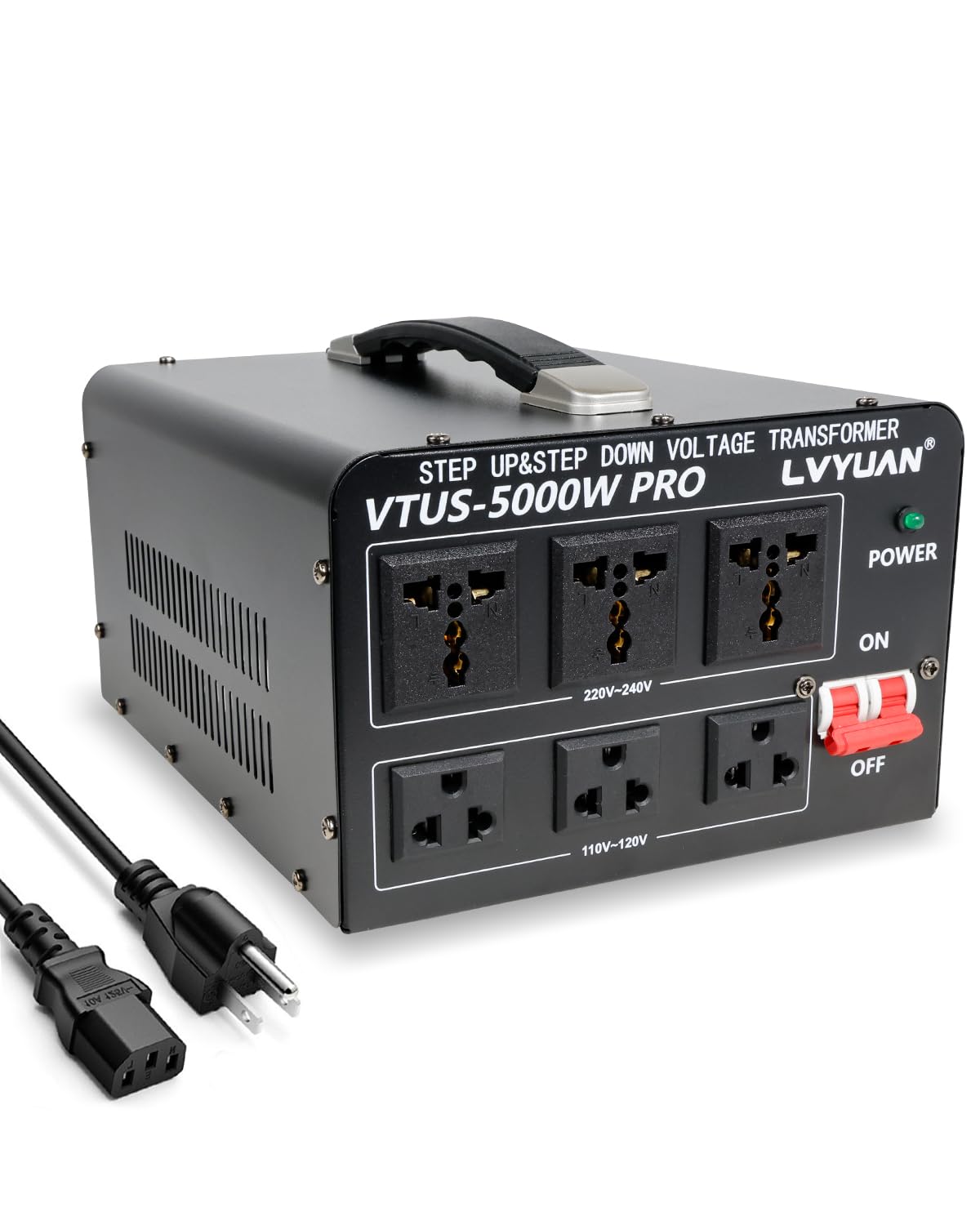 LVYUAN 5000W voltage transformer front view highlighting sturdy build for heavy-duty power needs.