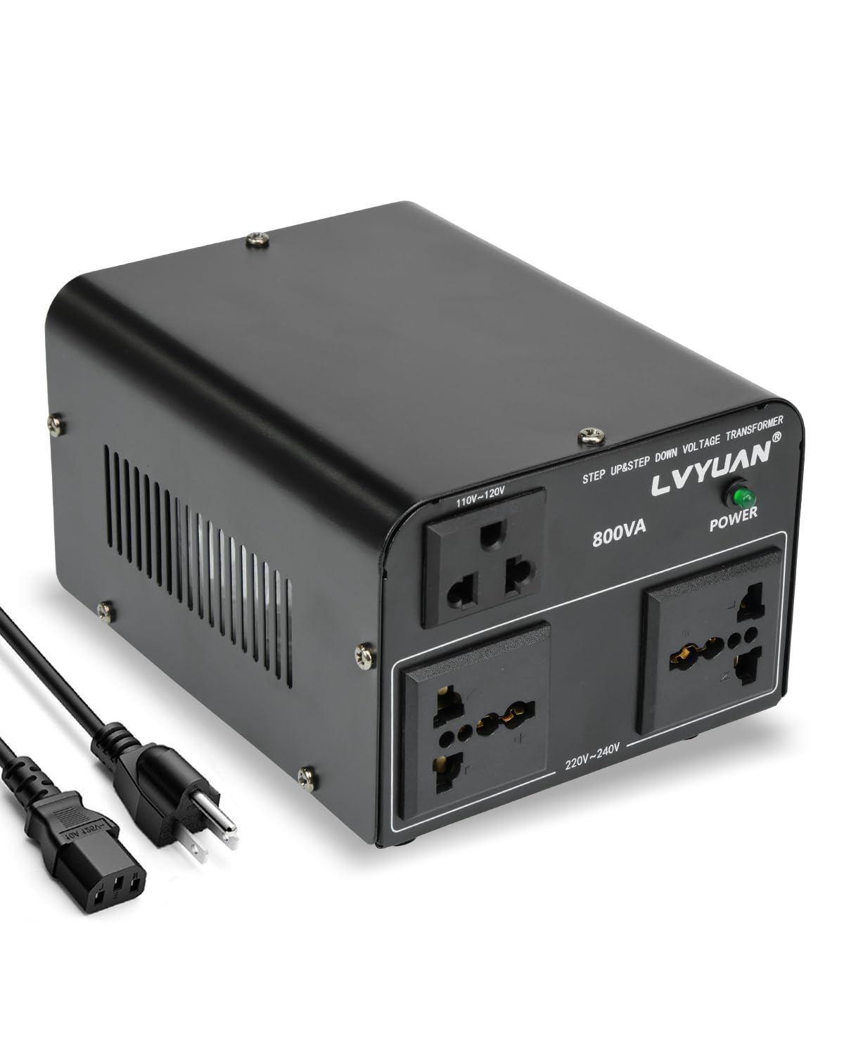 LVYUAN front panel showing outlets and status, convenient dual-voltage access
