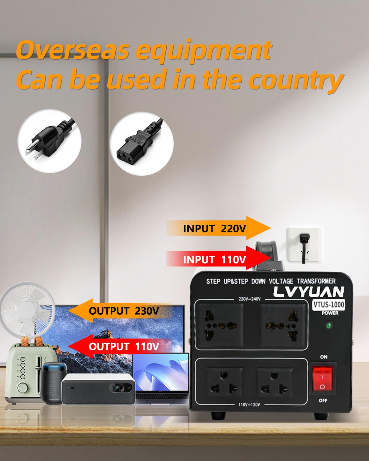 LVYUAN volt transformer cord and plug image emphasizes detachable cord for country compatibility