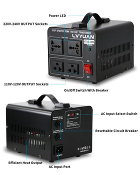 LVYUAN volt transformer side ports show dual outputs for 110-120V and 220-240V devices