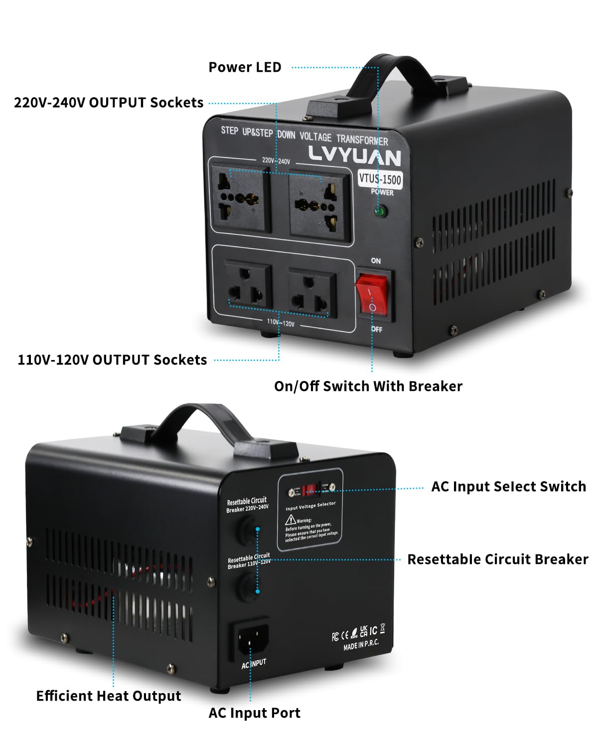 LVYUAN voltage transformer side view showing universal outlets
