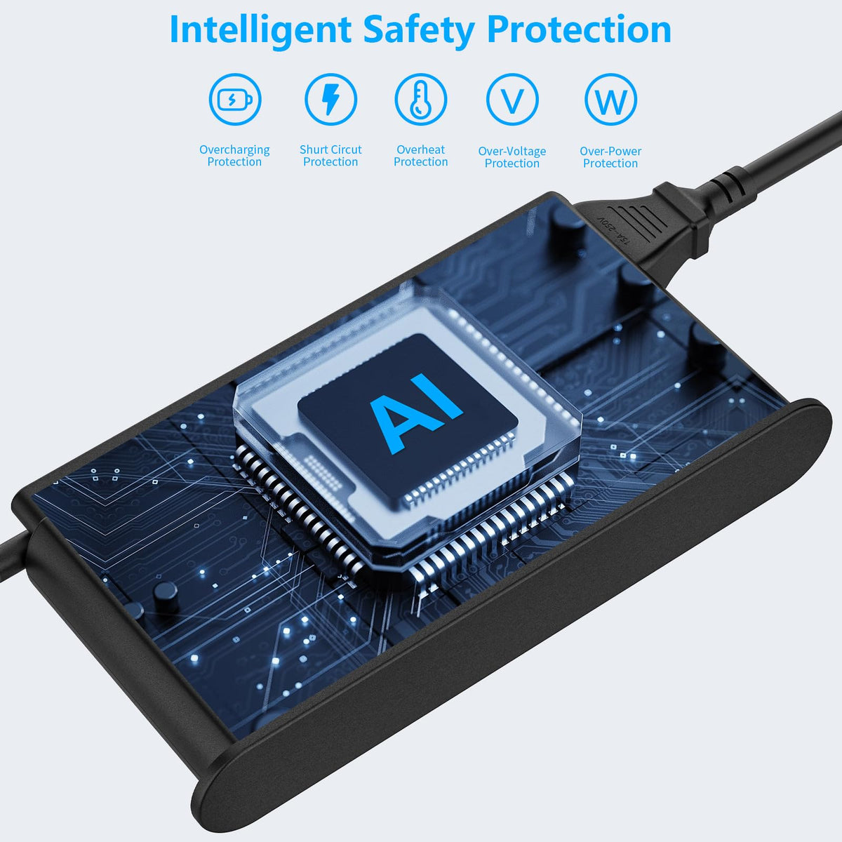 Lwuqen adapter side label with specs visible to confirm model and safety compliance