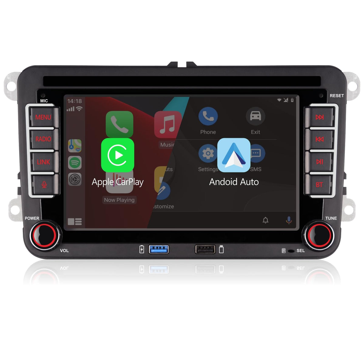 LXKLSZ double din car radio front view; integrated look enhances VW cabin ergonomics.