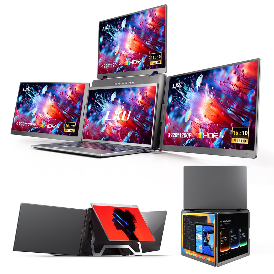 LXU laptop screen extender quad-monitor setup with expanded multitasking workspace.