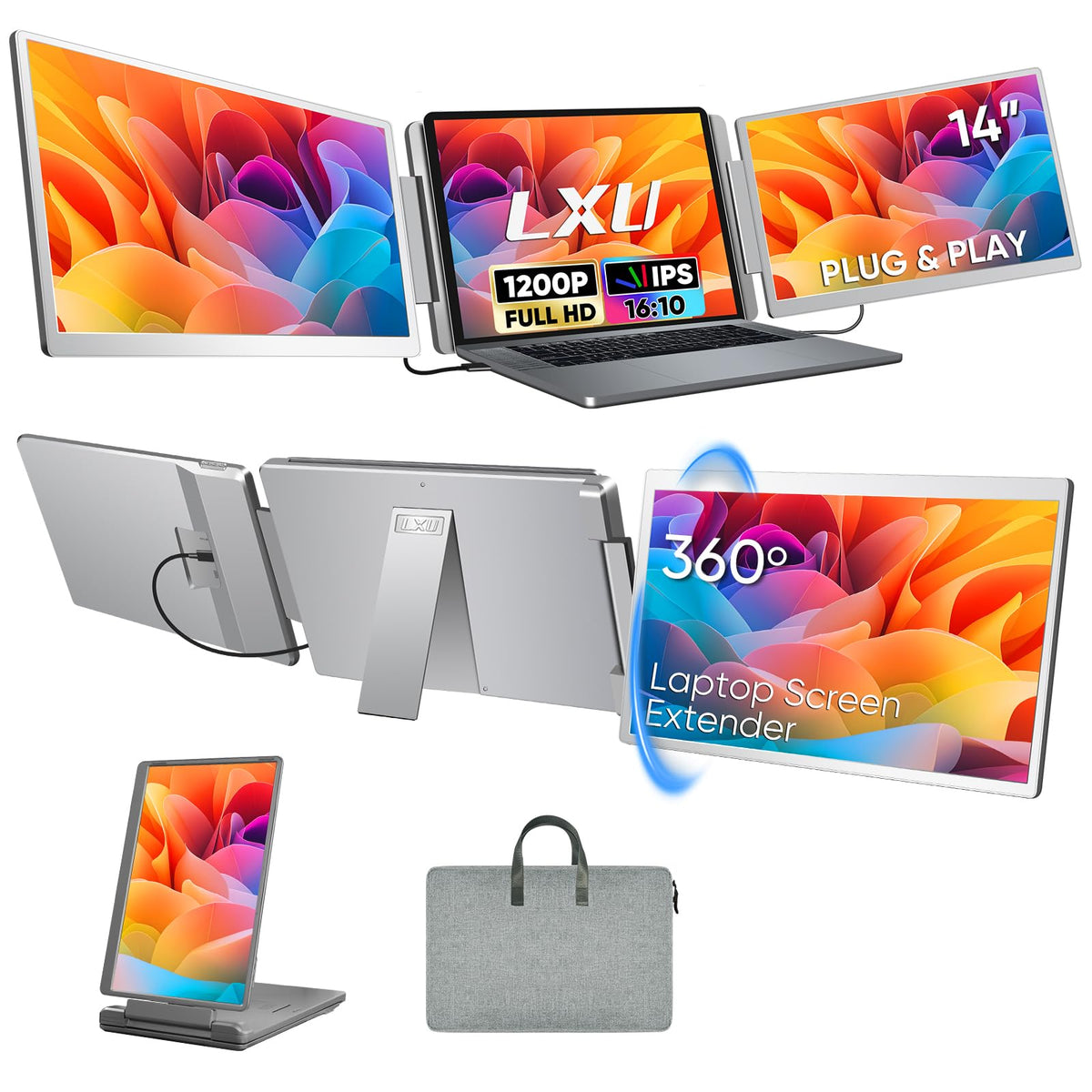 LXU laptop screen extender with triple monitor setup boosts multitasking on the go