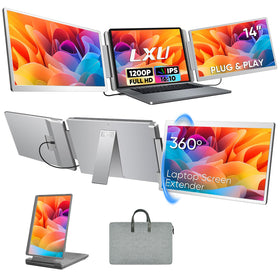 LXU laptop screen extender with triple monitor setup boosts multitasking on the go
