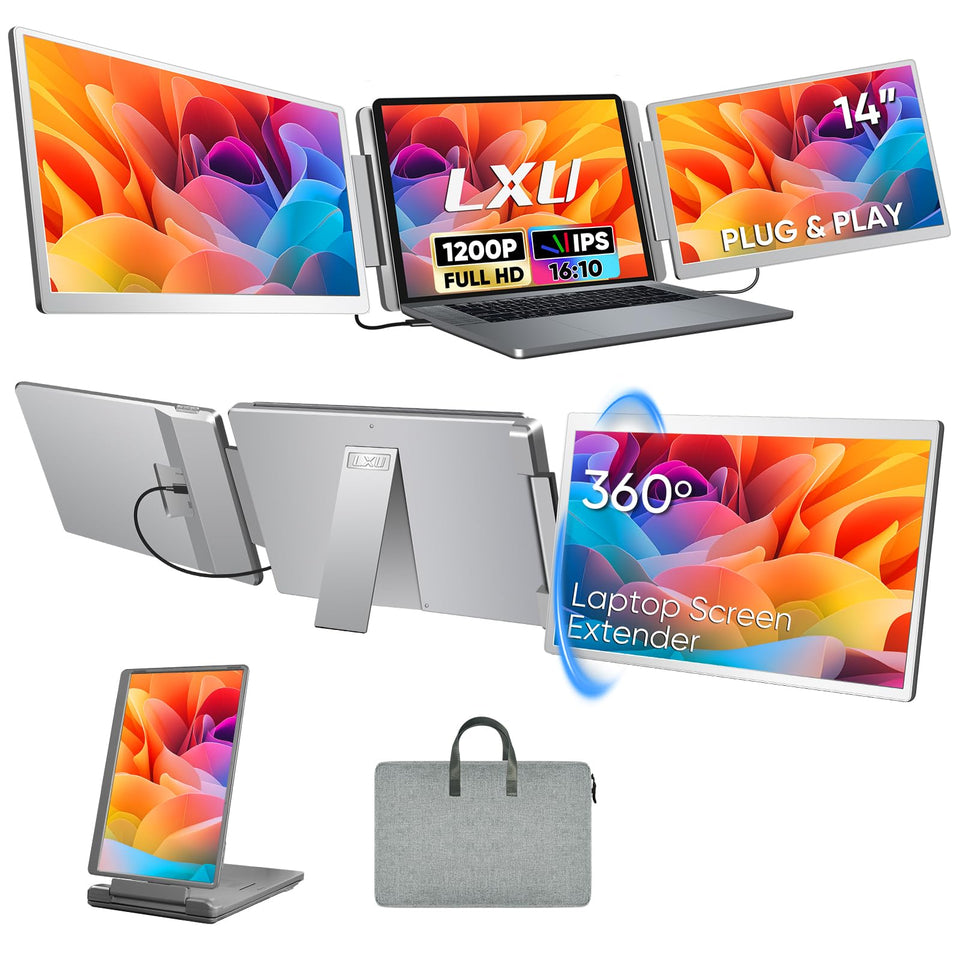 LXU laptop screen extender with triple monitor setup boosts multitasking on the go