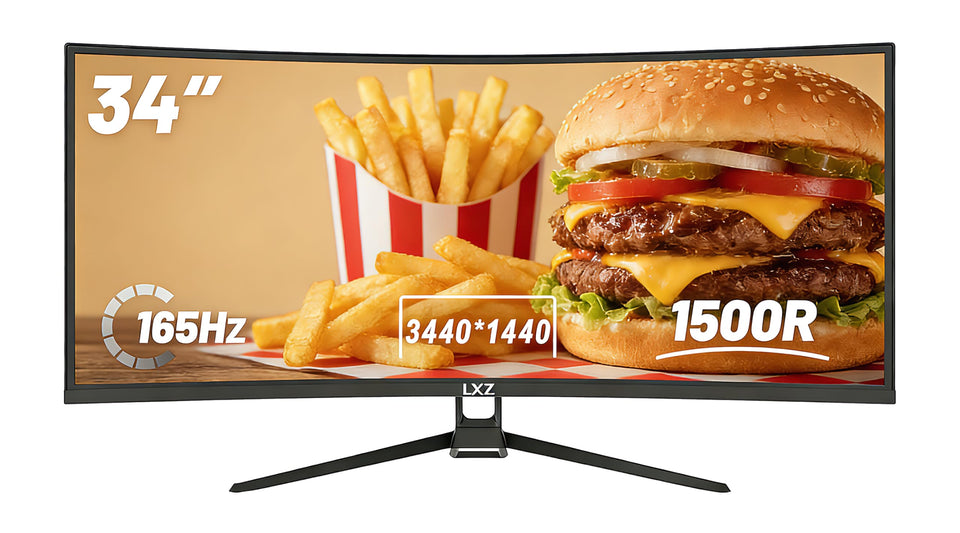 LXZ 34-inch curved monitor with immersive 1500R curve for gaming and multitasking.