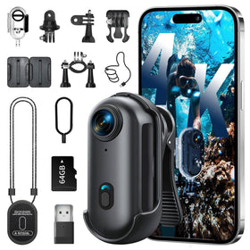 Lyranth 4K mini body camera thumb-size clipped to clothing for hands-free video.