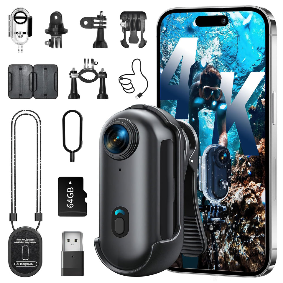 Lyranth 4K mini body camera thumb-size clipped to clothing for hands-free video.
