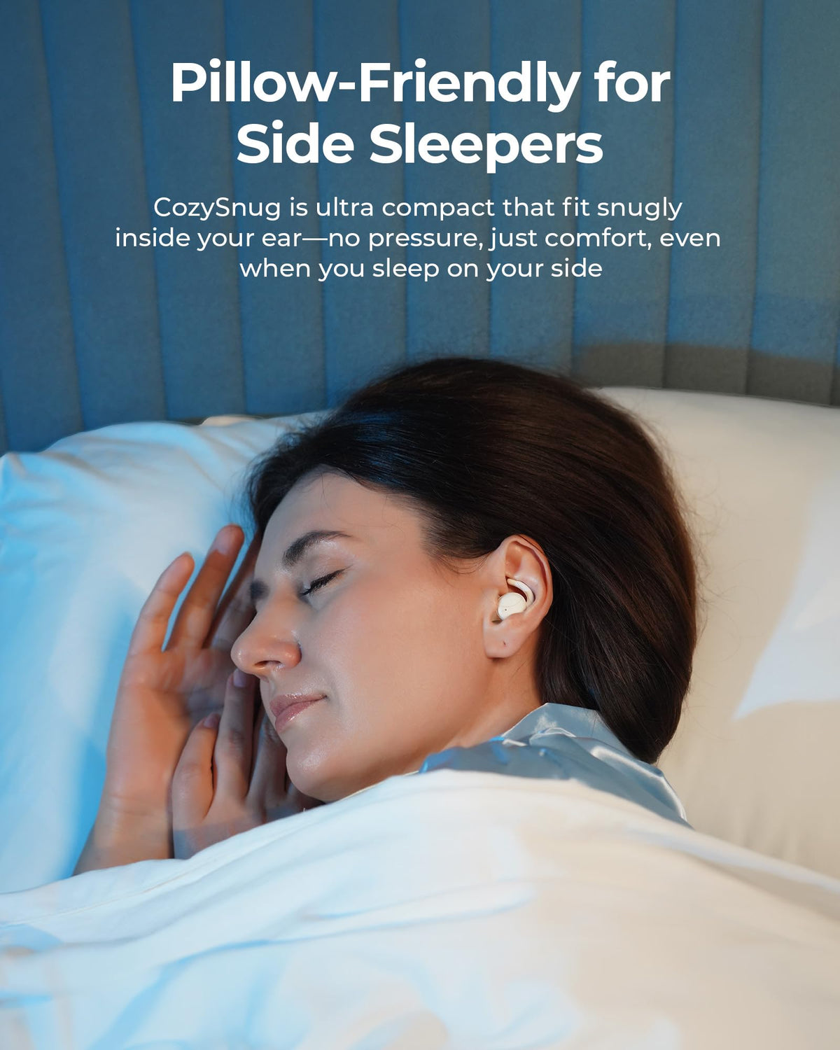Lytmi CozySnug C1 worn by a side sleeper demonstrating low-profile comfort