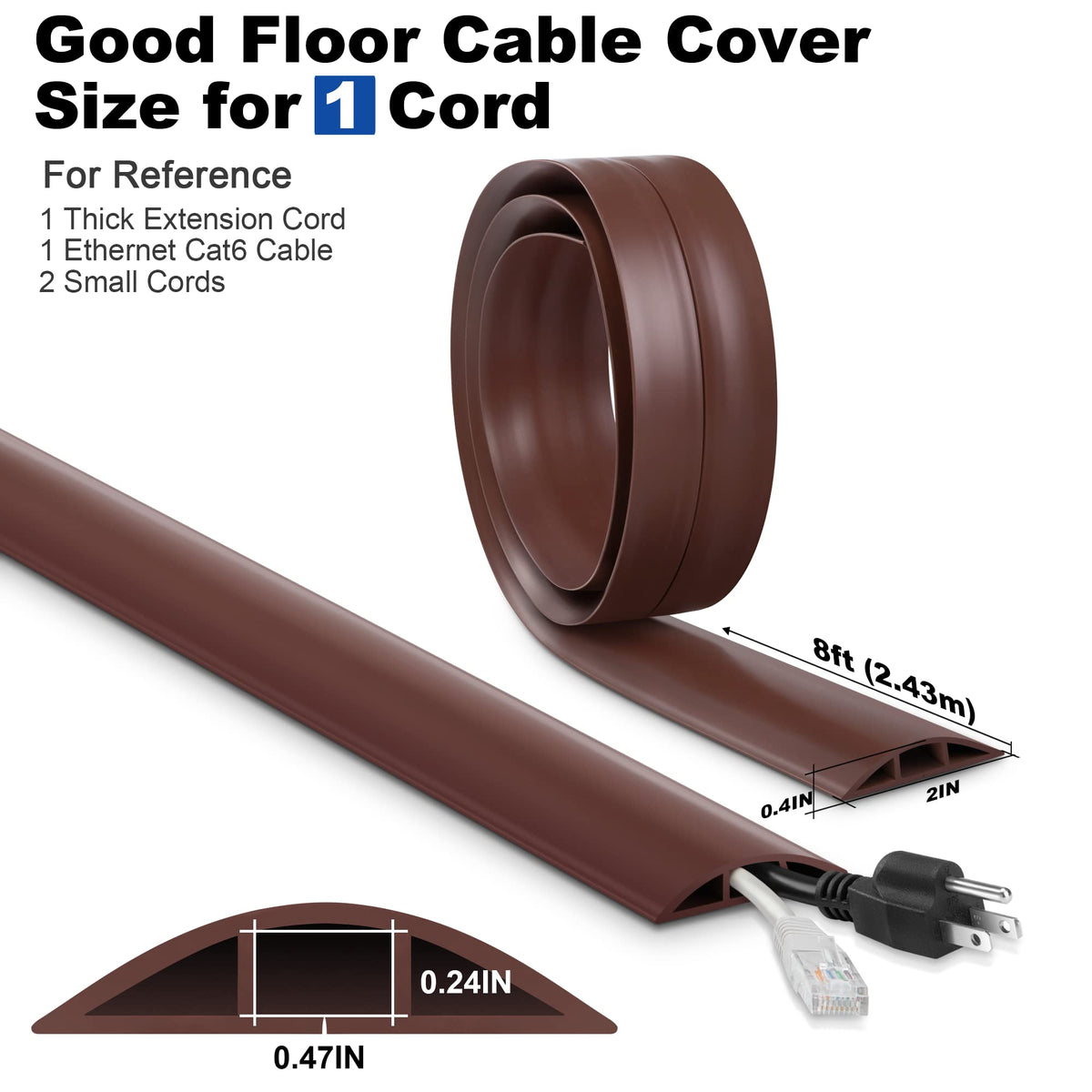 LZEOY Brown 8ft low-profile wire cover unrolled on floor hides cords neatly.