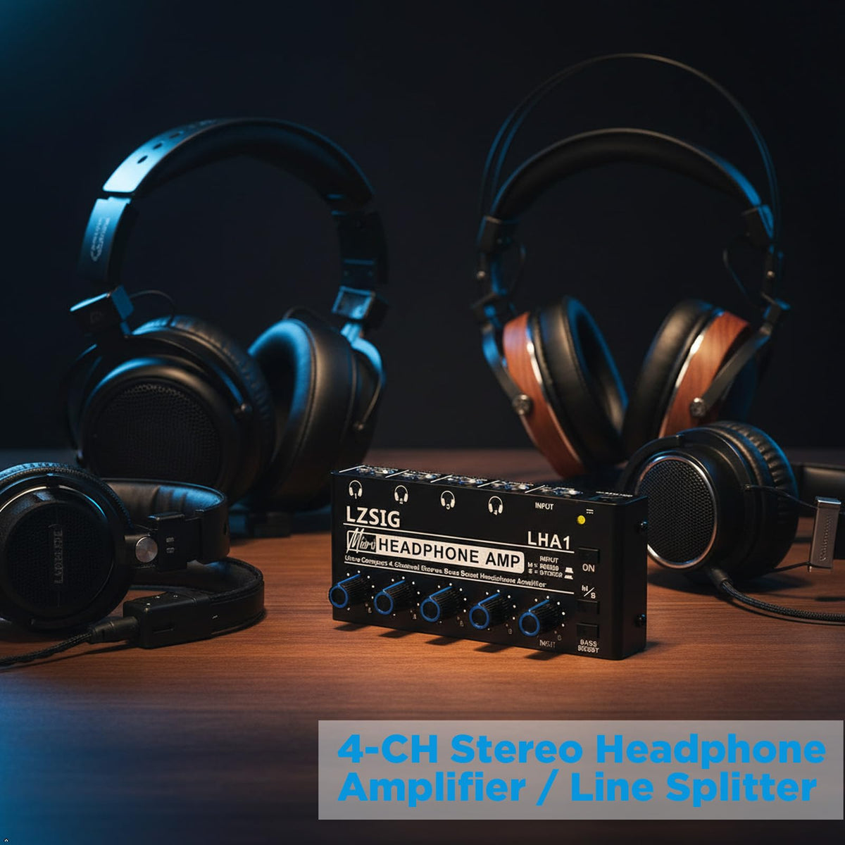 LZSIG in a home studio powering four headphones for collaborative monitoring