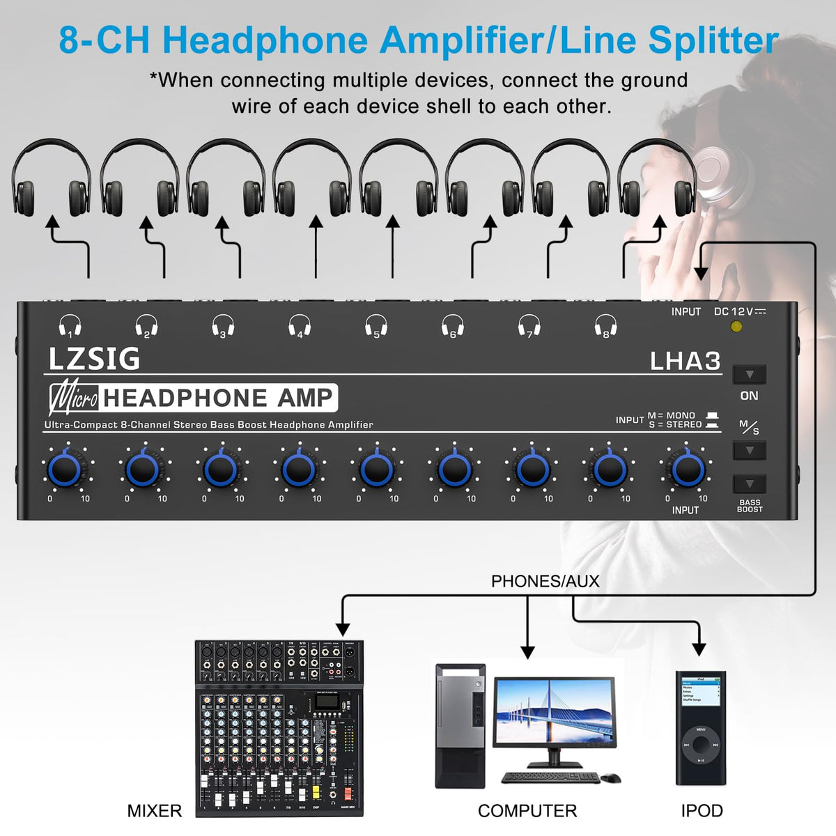 Multiple headphones connected to LZSIG amplifier demonstrating shared listening capability