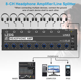 Multiple headphones connected to LZSIG amplifier demonstrating shared listening capability