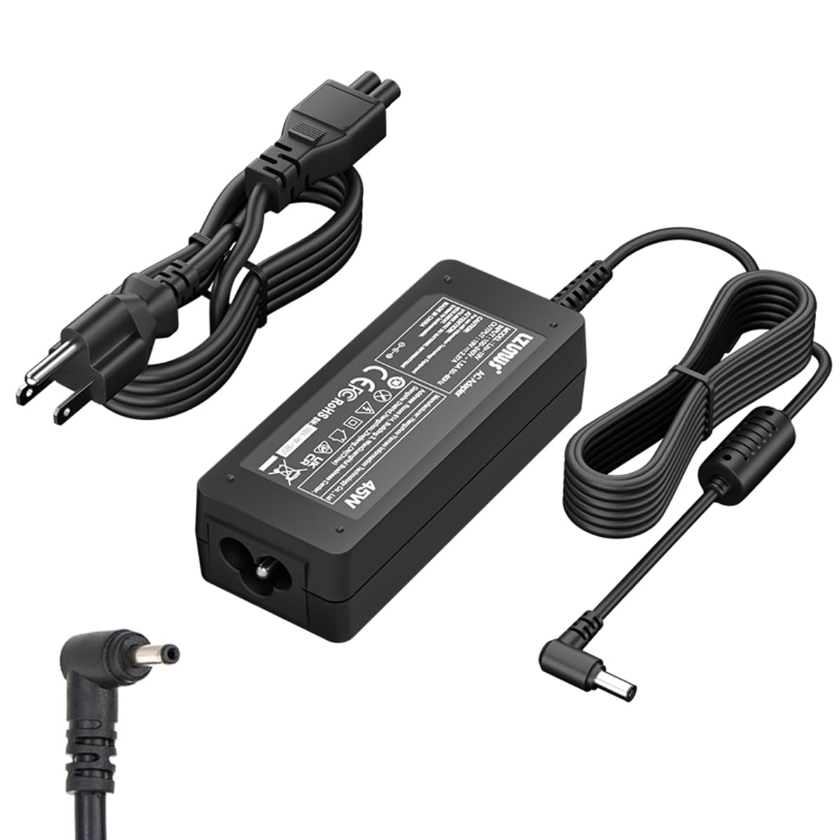 LZUMWS Acer 45W AC adapter front view powering a laptop