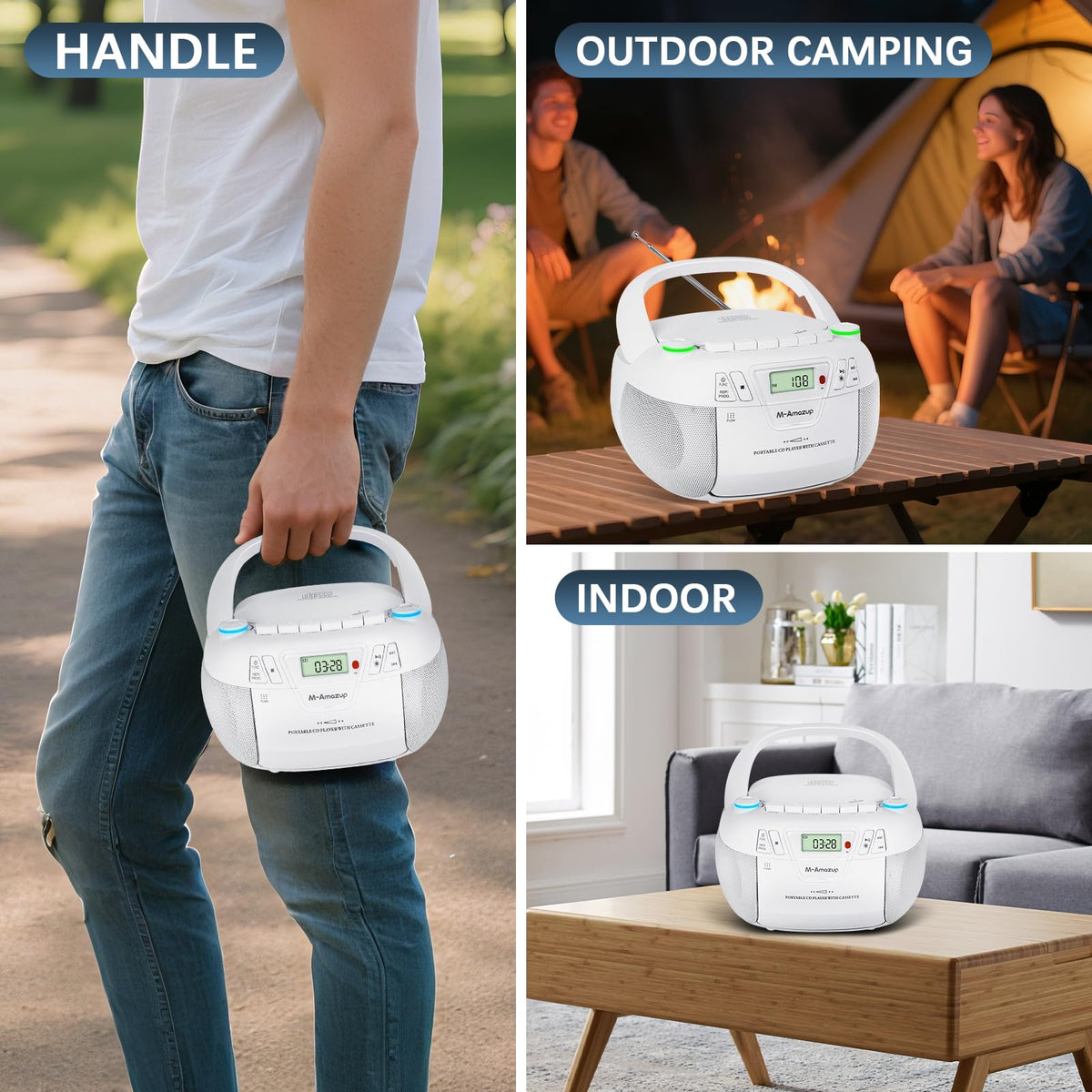 M-Amazup Boombox portable power options with AC and battery compatibility