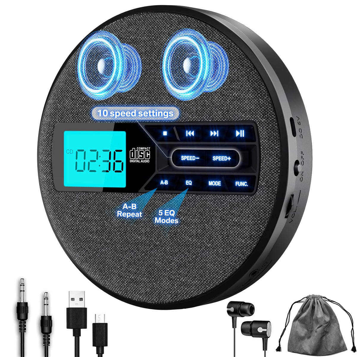 The M-Amazup CD Player with side speakers delivers room-filling sound.
