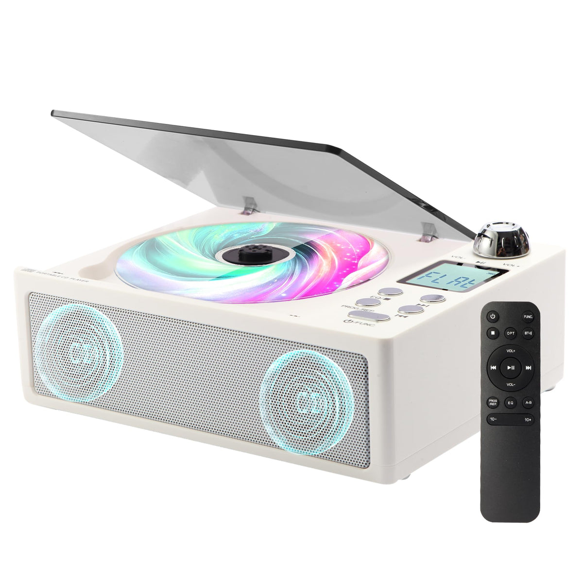 M-Amazup front view showing white unit and dual speakers for clear desktop sound
