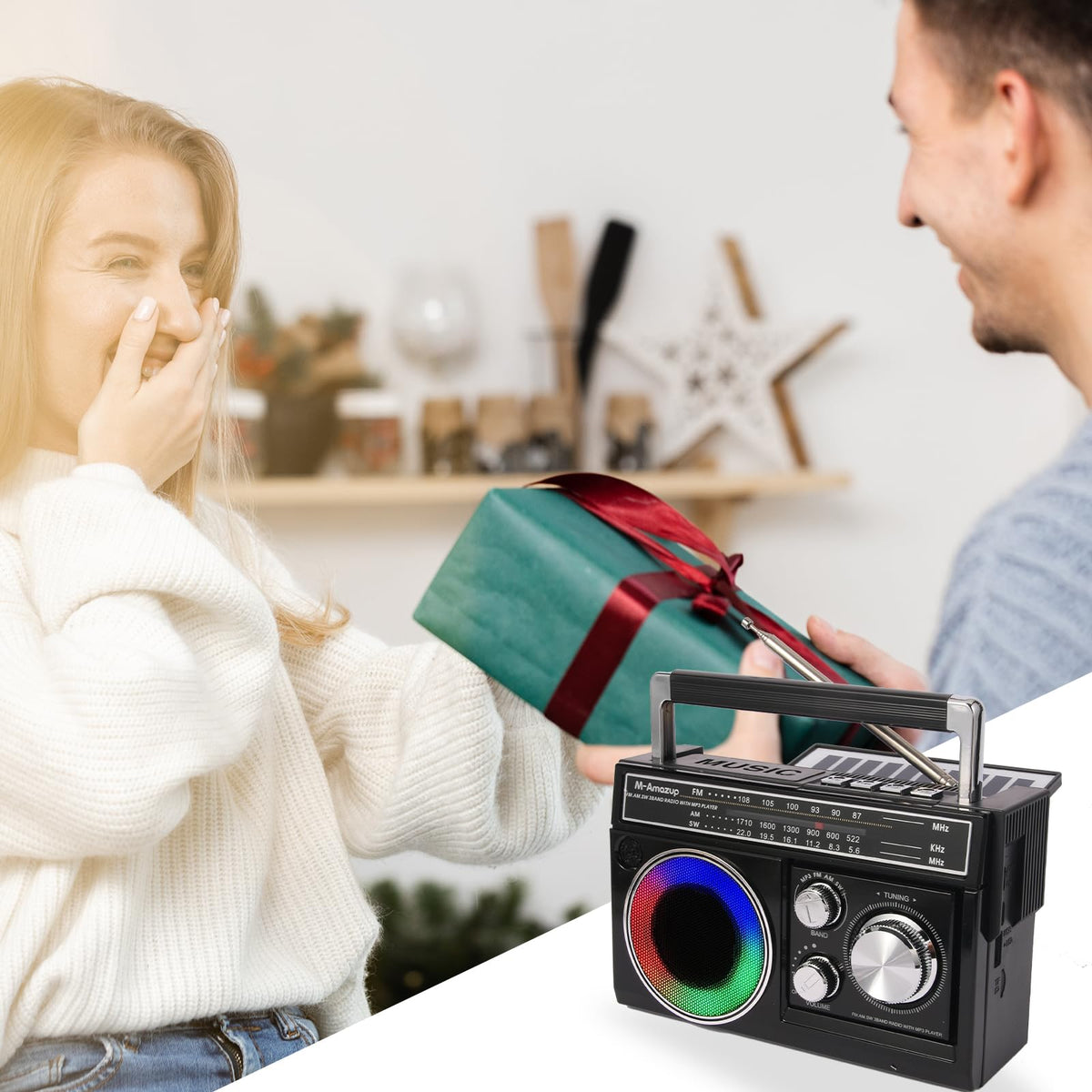M-Amazup radio with colorful mood lights to create ambiance.