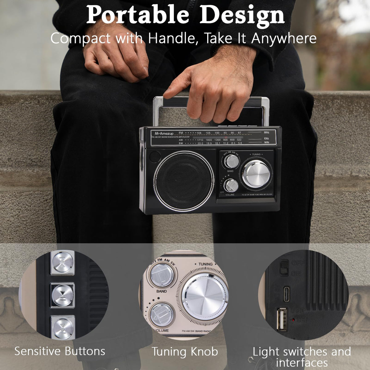 M-Amazup compact radio with carry handle for easy transport.