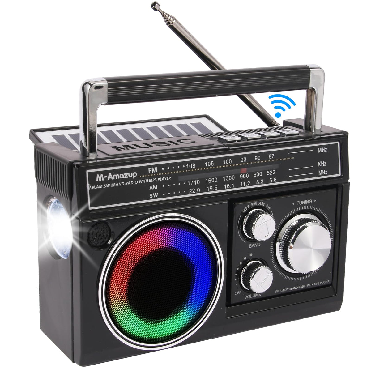 M-Amazup portable radio with extended antenna for clear outdoor reception.
